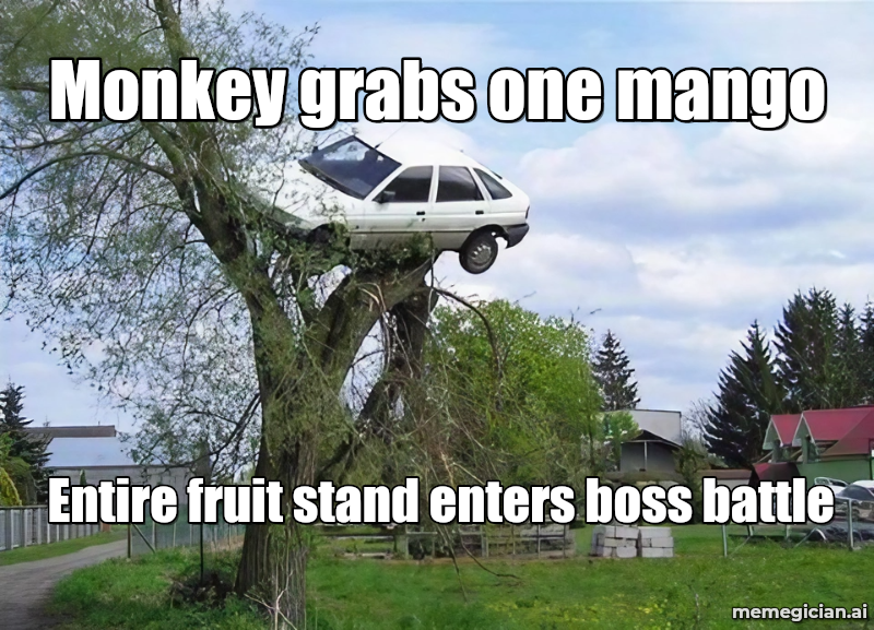 Monkey Mango Heist meme: Monkey grabs one mango — Entire fruit stand enters boss battle