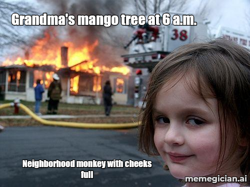 Monkey Mango Heist meme: Grandma's mango tree at 6 a.m. — Neighborhood monkey with cheeks full