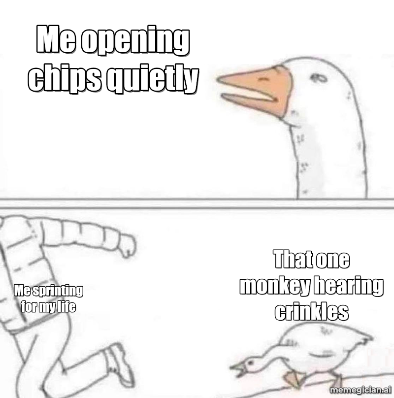 Monkey Mango Heist meme: Me opening chips quietly — Me sprinting for my life — That one monkey hearing crinkles