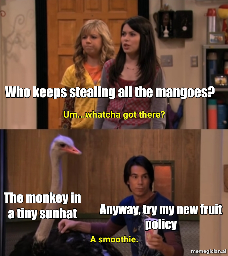 Monkey Mango Heist meme: Who keeps stealing all the mangoes? — The monkey in a tiny sunhat — Anyway, try my new fruit policy