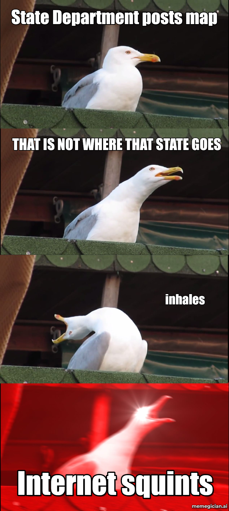 State Dept Map Blunder meme: State Department posts map — Internet squints — inhales — THAT IS NOT WHERE THAT STATE GOES