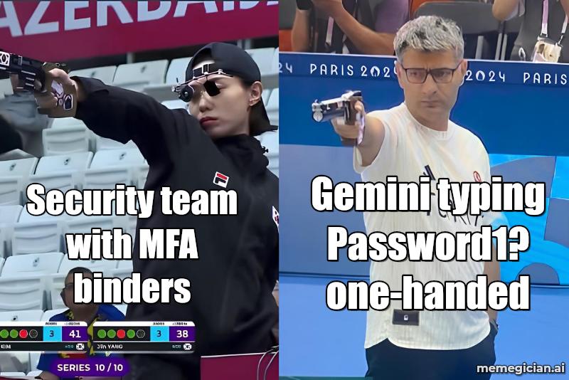 Gemini guesses passwords meme: Security team with MFA binders — Gemini typing Password1? one-handed