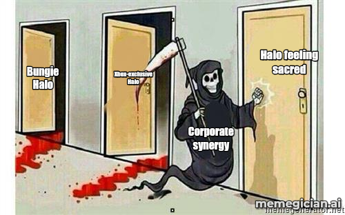 Halo moves to Call of Duty meme: Bungie Halo — Xbox-exclusive Halo — Halo feeling sacred — Corporate synergy