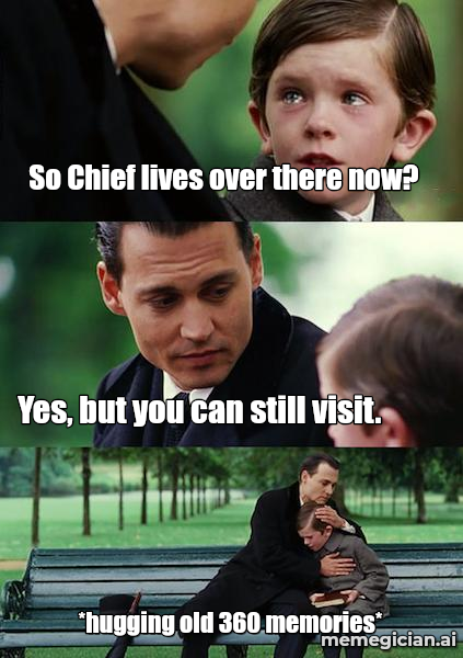 Halo moves to Call of Duty meme: So Chief lives over there now? — Yes, but you can still visit. — *hugging old 360 memories*