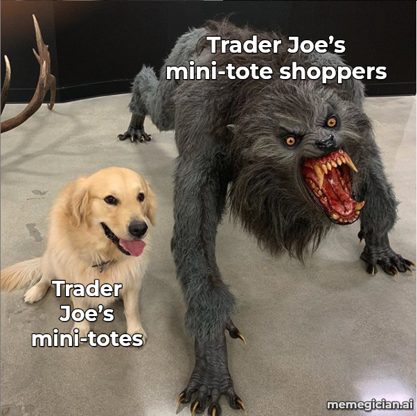 Trader Joe’s Halloween mini-totes meme: Trader Joe’s mini-totes — Trader Joe’s mini-tote shoppers