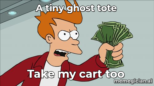Trader Joe’s Halloween mini-totes meme: A tiny ghost tote — Take my cart too
