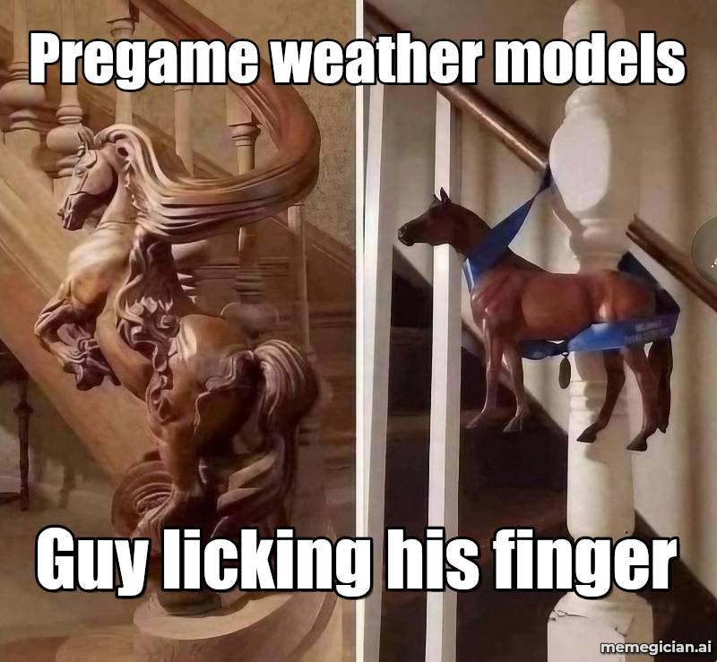 NFL weather chaos meme: Pregame weather models — Guy licking his finger