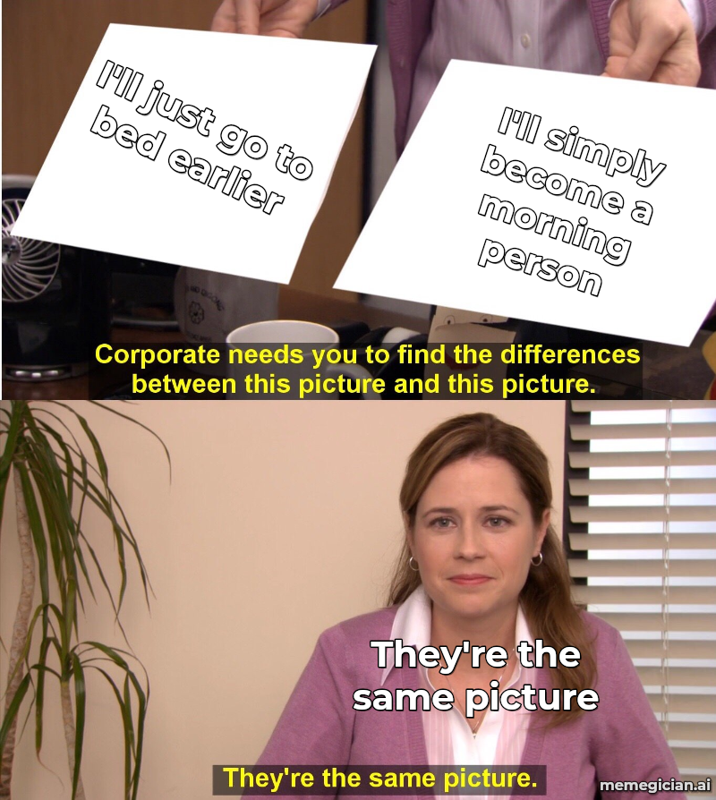 Daylight saving time confusion meme: I'll just go to bed earlier — I'll simply become a morning person — They're the same picture