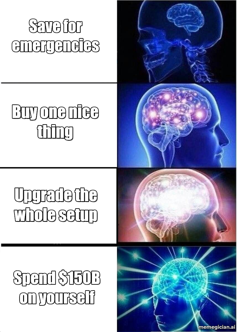 Nvidia’s $150B buyback meme: Save for emergencies — Buy one nice thing — Upgrade the whole setup — Spend $150B on yourself
