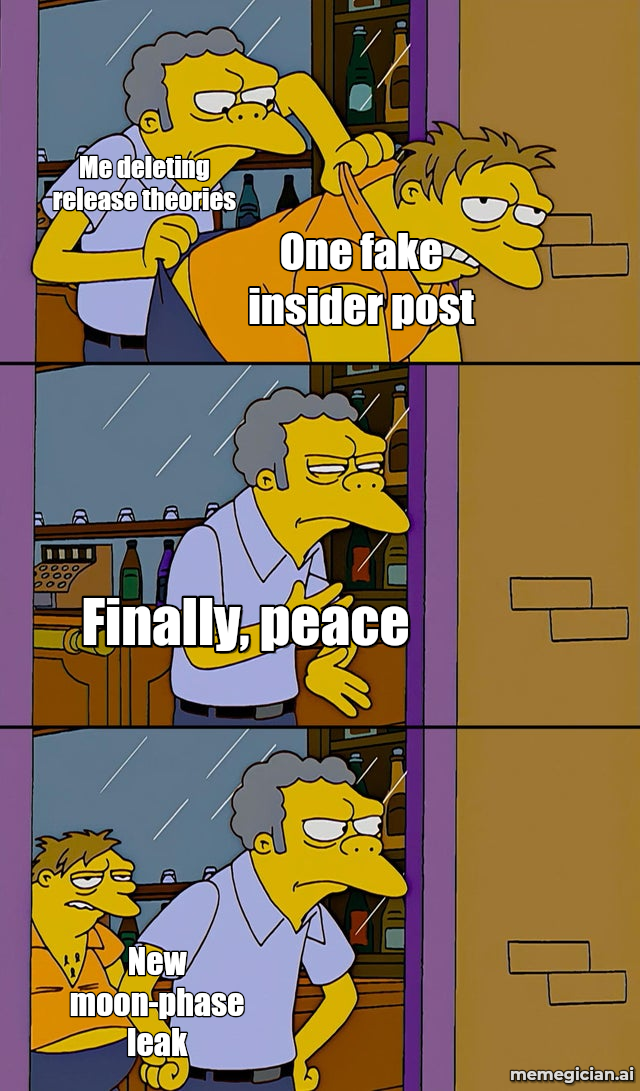 GTA VI hype spiral meme: Me deleting release theories — One fake insider post — Finally, peace — New moon-phase leak
