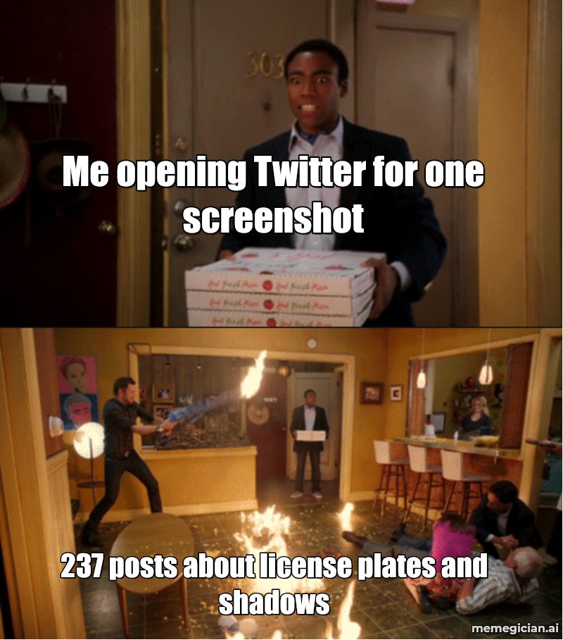 GTA VI hype spiral meme: Me opening Twitter for one screenshot — 237 posts about license plates and shadows