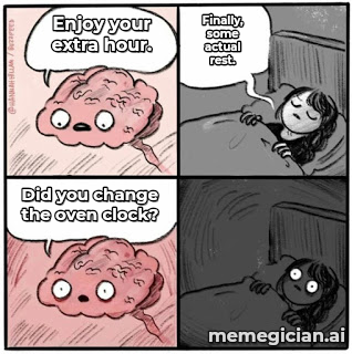 Daylight Saving Time Confusion meme: Enjoy your extra hour. — Finally, some actual rest. — Did you change the oven clock?