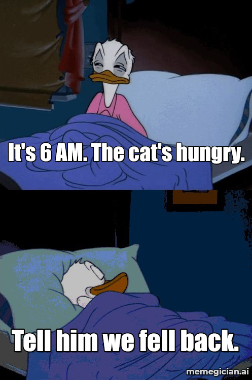 Daylight Saving Time Confusion meme: It's 6 AM. The cat's hungry. — Tell him we fell back.