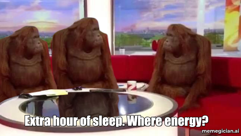 Daylight Saving Time Confusion meme: Extra hour of sleep. Where energy?