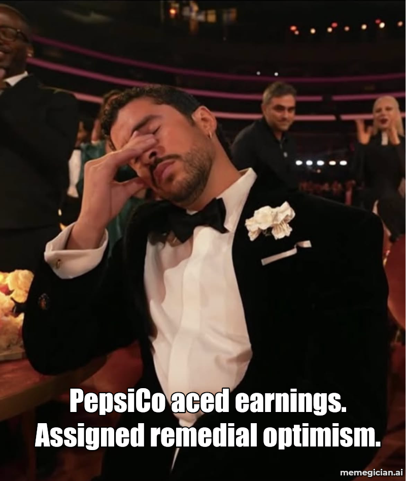PepsiCo Beats, Lowers Outlook meme: PepsiCo aced earnings. Assigned remedial optimism.