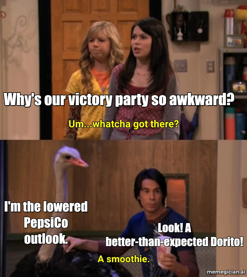 PepsiCo Beats, Lowers Outlook meme: Why's our victory party so awkward? — I'm the lowered PepsiCo outlook. — Look! A better-than-expected Dorito!