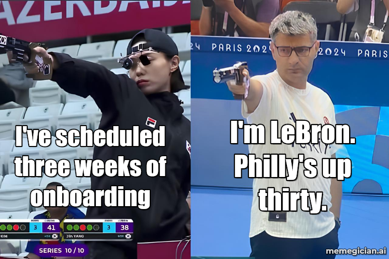 LeBron’s 76ers First Day meme: I've scheduled three weeks of onboarding — I'm LeBron. Philly's up thirty.