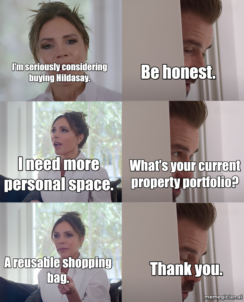 Hildasay Island for Sale meme: I'm seriously considering buying Hildasay. — Be honest. — I need more personal space. — What's your current property portfolio? — A reusable...