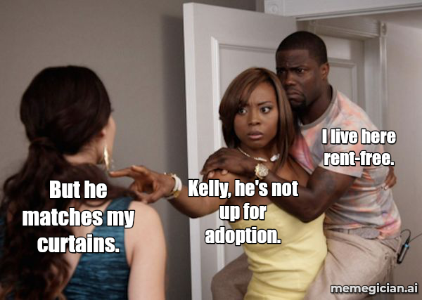 Kelly Clarkson vs. the Display Shelf meme: Kelly, he's not up for adoption. — I live here rent-free. — But he matches my curtains.