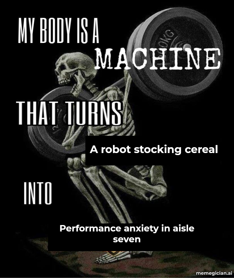 Robots Stocking Grocery Shelves meme: A robot stocking cereal — Performance anxiety in aisle seven