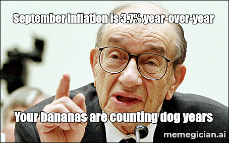 September Inflation Surprise meme: September inflation is 3.7% year-over-year — Your bananas are counting dog years