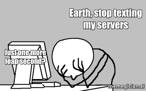The Leap Second Is Ticking Out meme: Just one more leap second? — Earth, stop texting my servers