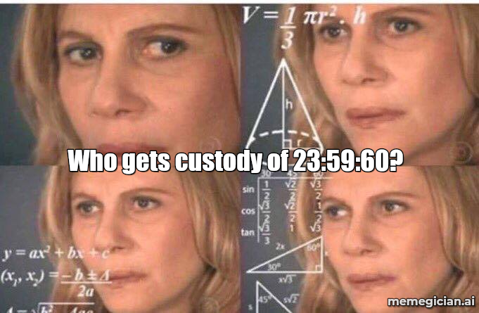 The Leap Second Is Ticking Out meme: Who gets custody of 23:59:60?