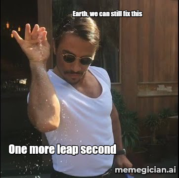 The Leap Second Is Ticking Out meme: One more leap second — Earth, we can still fix this