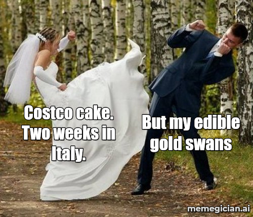 Grocery Store Wedding Cake meme: Costco cake. Two weeks in Italy. — But my edible gold swans