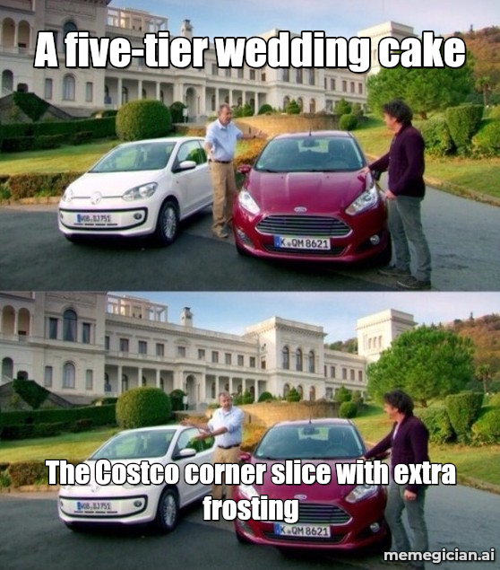 Grocery Store Wedding Cake meme: A five-tier wedding cake — The Costco corner slice with extra frosting