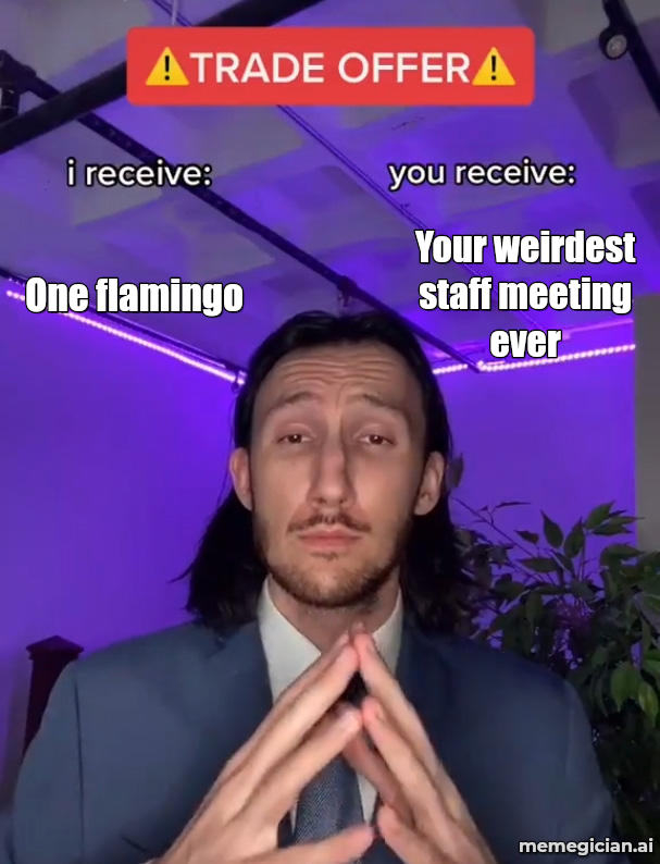 Vegas Flamingo Heist meme: One flamingo — Your weirdest staff meeting ever