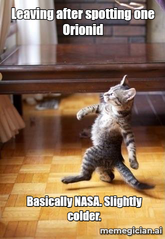 Orionid Meteor Shower meme: Leaving after spotting one Orionid — Basically NASA. Slightly colder.