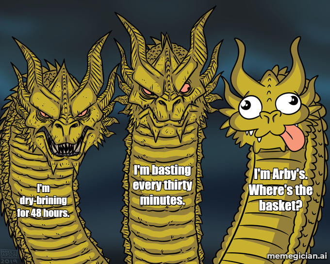 Arby’s Deep-Fried Turkey Gobbler meme: I'm dry-brining for 48 hours. — I'm basting every thirty minutes. — I'm Arby's. Where's the basket?